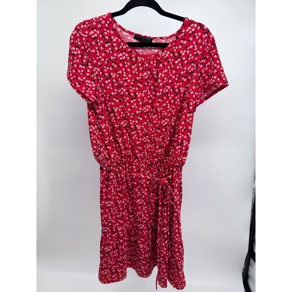Banana Republic Dress Womens Pet Medium Red Floral Short Sleeve Tie Waist Mini